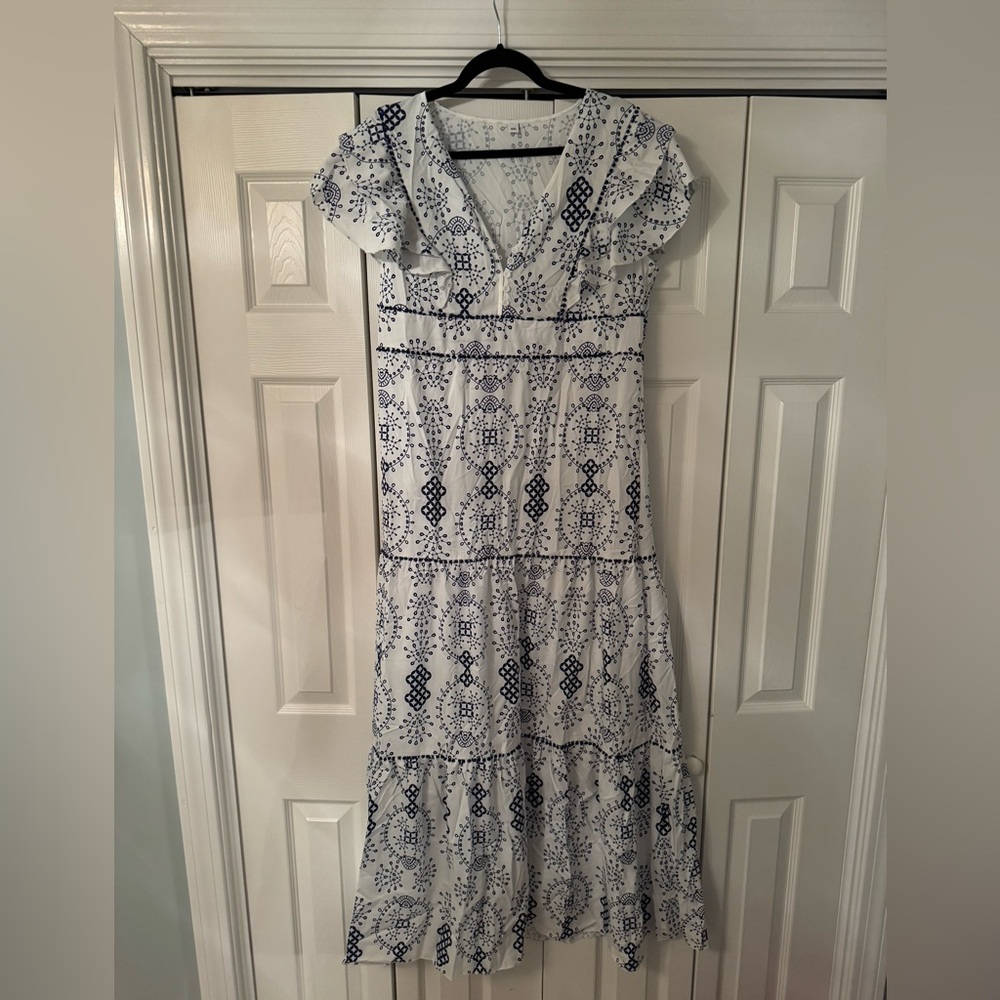 Elegant Blue and White Patterned Embroidered Dress